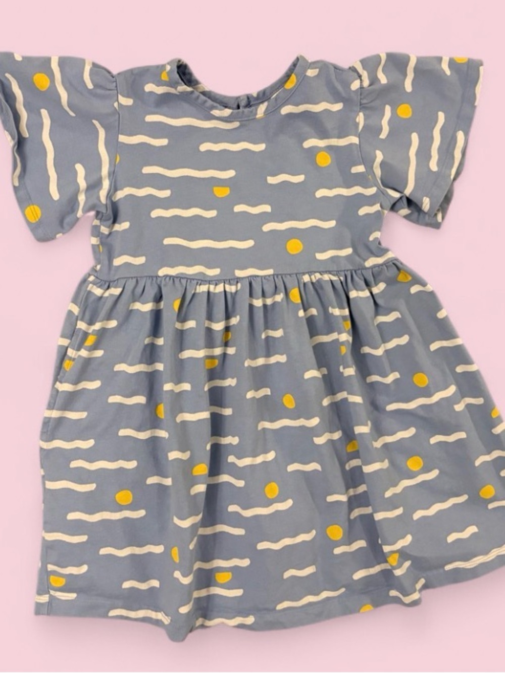 Hanna Andersson Girls Blue Yellow Flutter Sleeve Cutout Back Dress Size 5